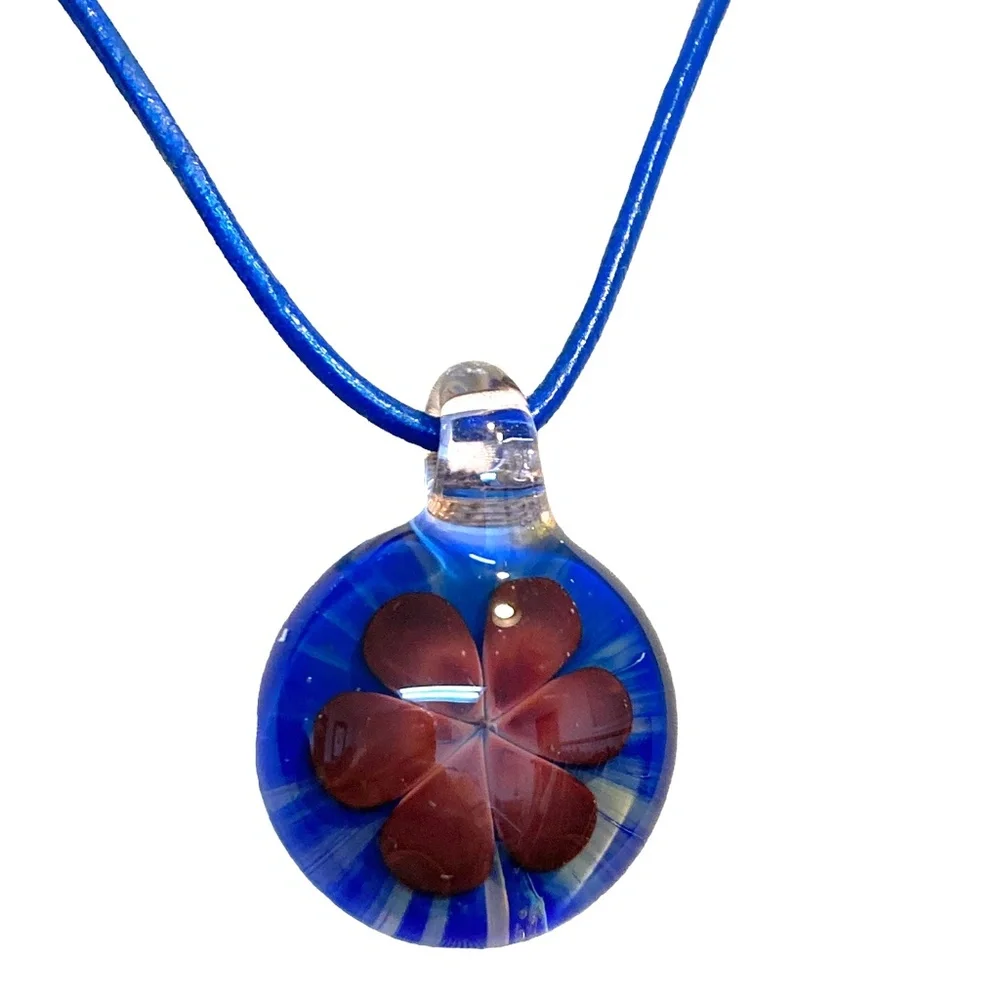 necklace glass flower blue red round pendant handmade